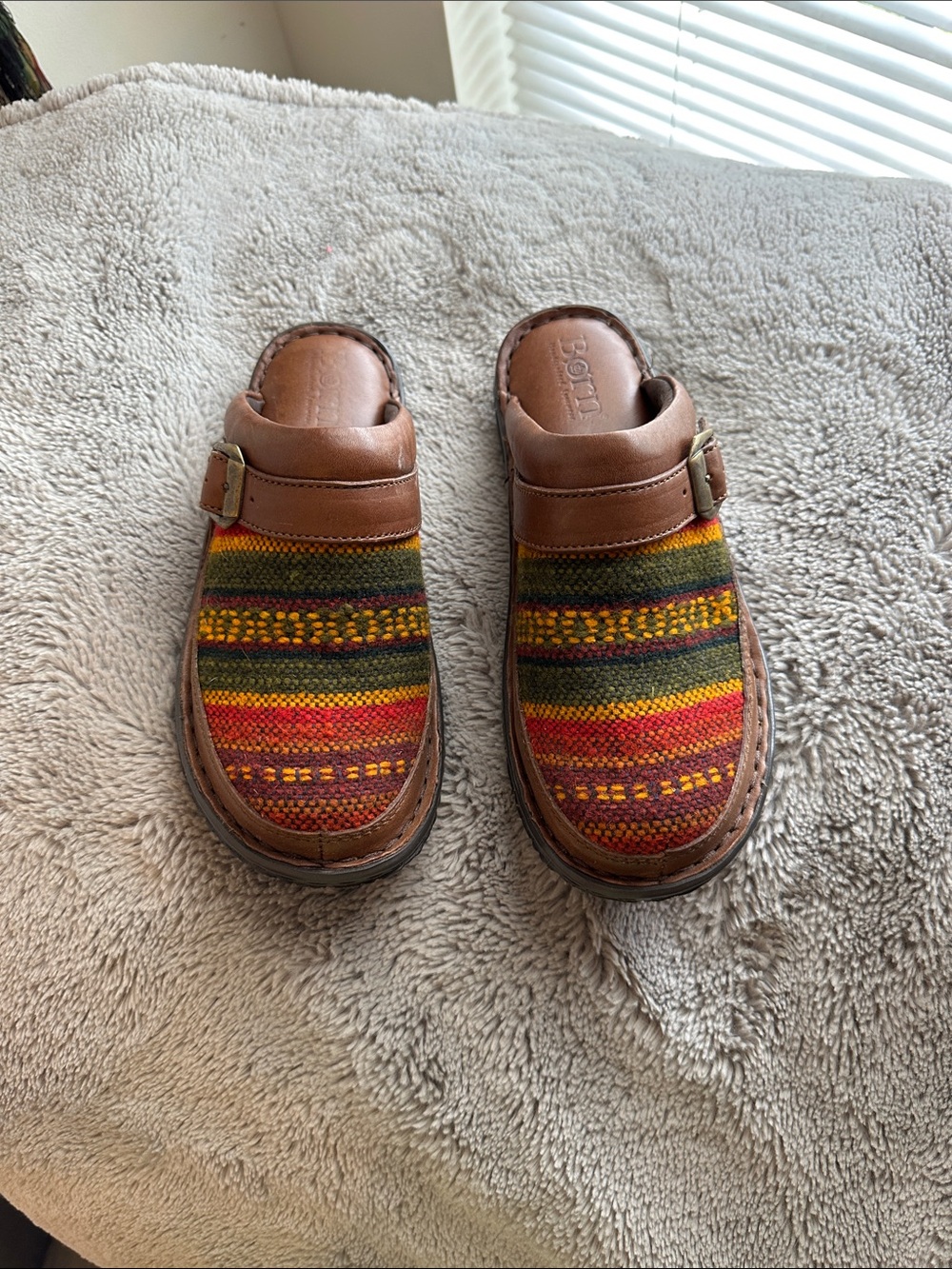NWOT - Born Brown Leather & Multicolor Knit Slip-On Clogs